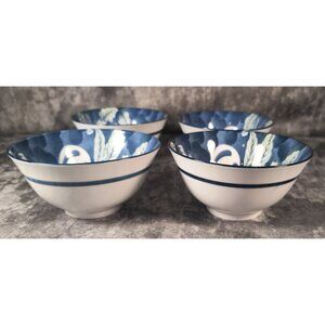 Set Of 4 Asian Porcelain Bowls With Blue & White Gourd Leaf Design 6" Diameter C